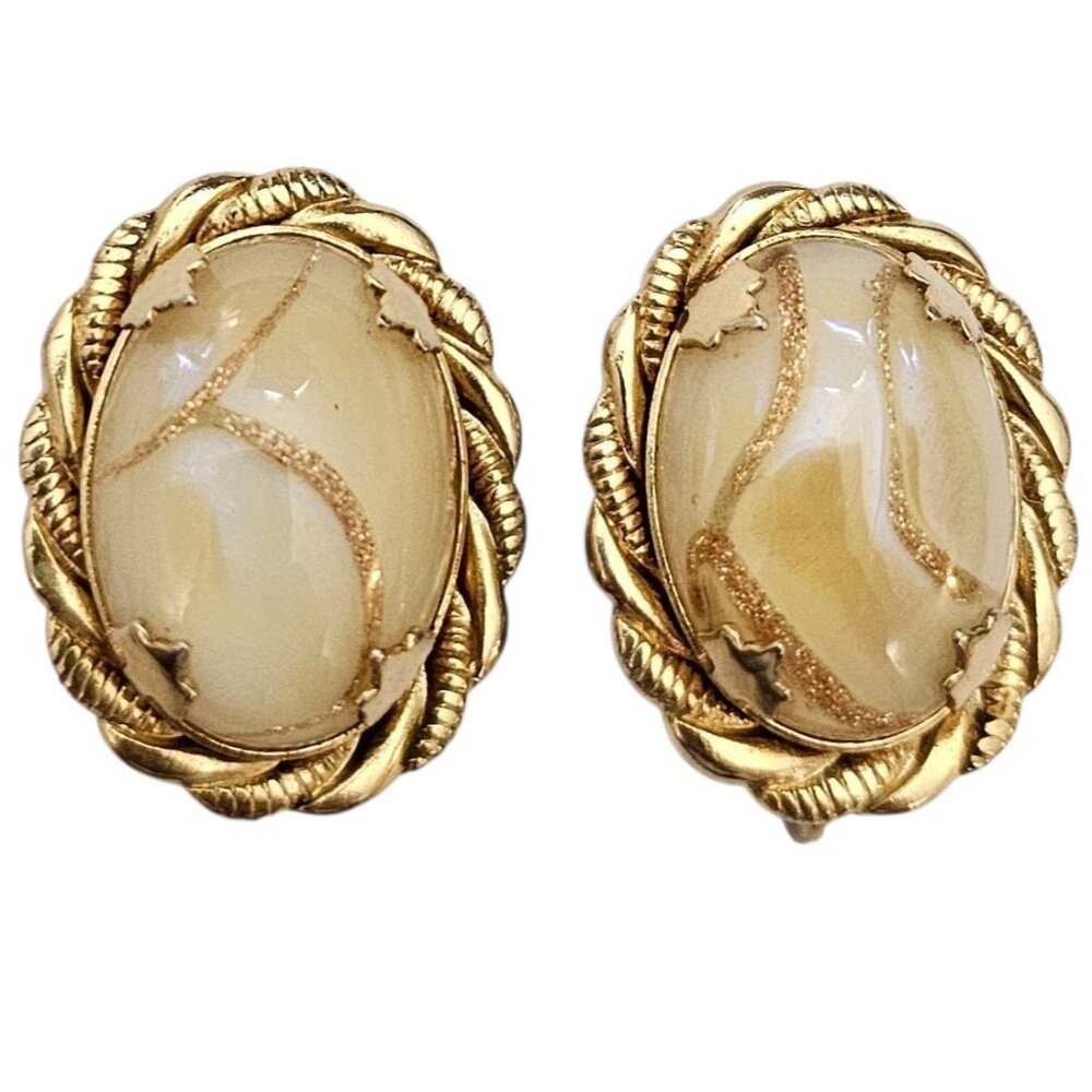 Gold Tone Oval Golden Mist Clip On Earrings, Art Glass Swirl Rope Twist